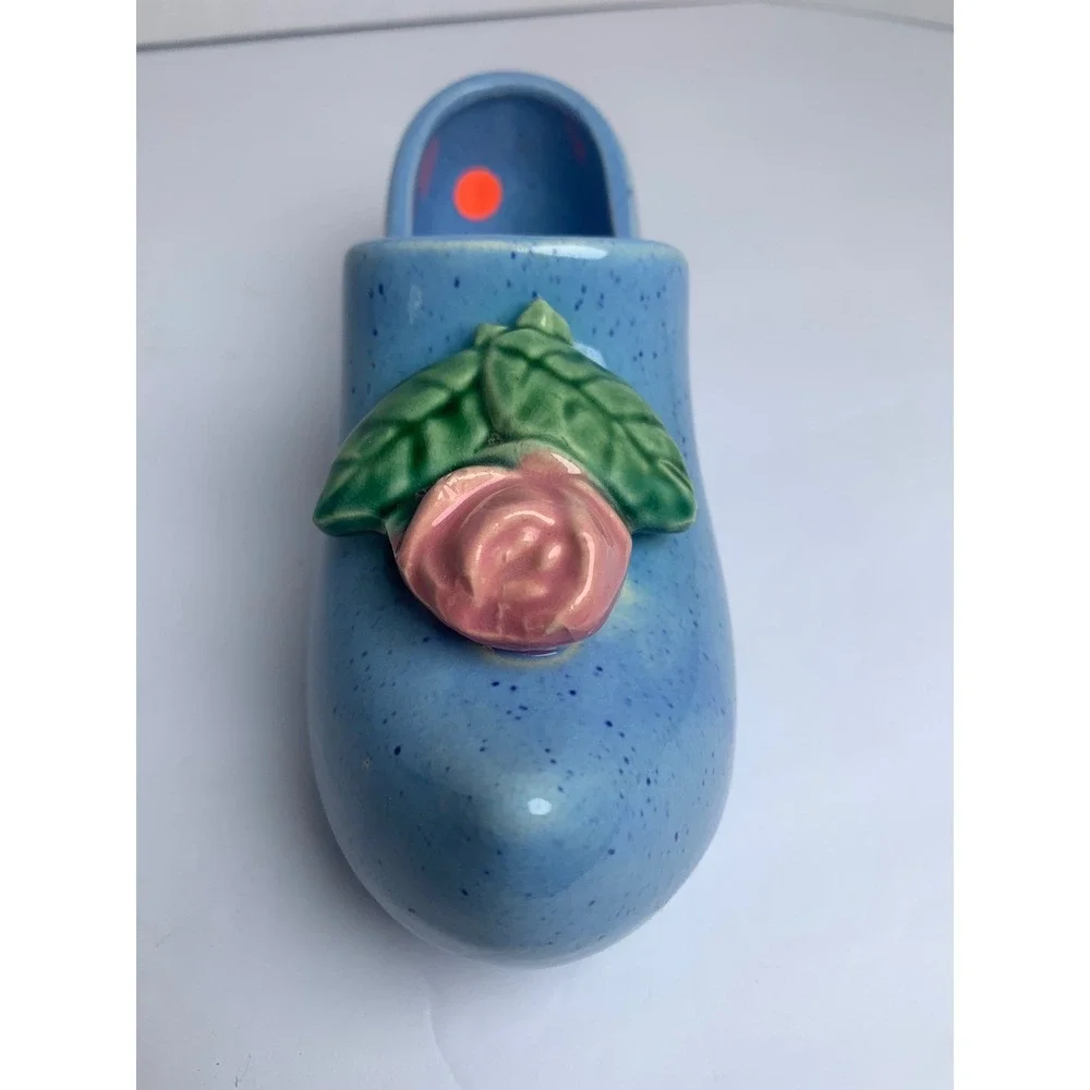 Vintage Blue Speckled Ceramic Dutch Clog Shoe Figurine Pink Rose Floral Planter